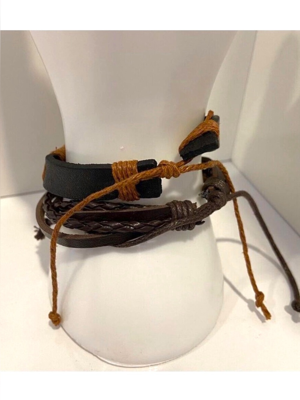 Multi-Layered genuine Leather & Rope Bracelet Set of 2 Unisex funky brown